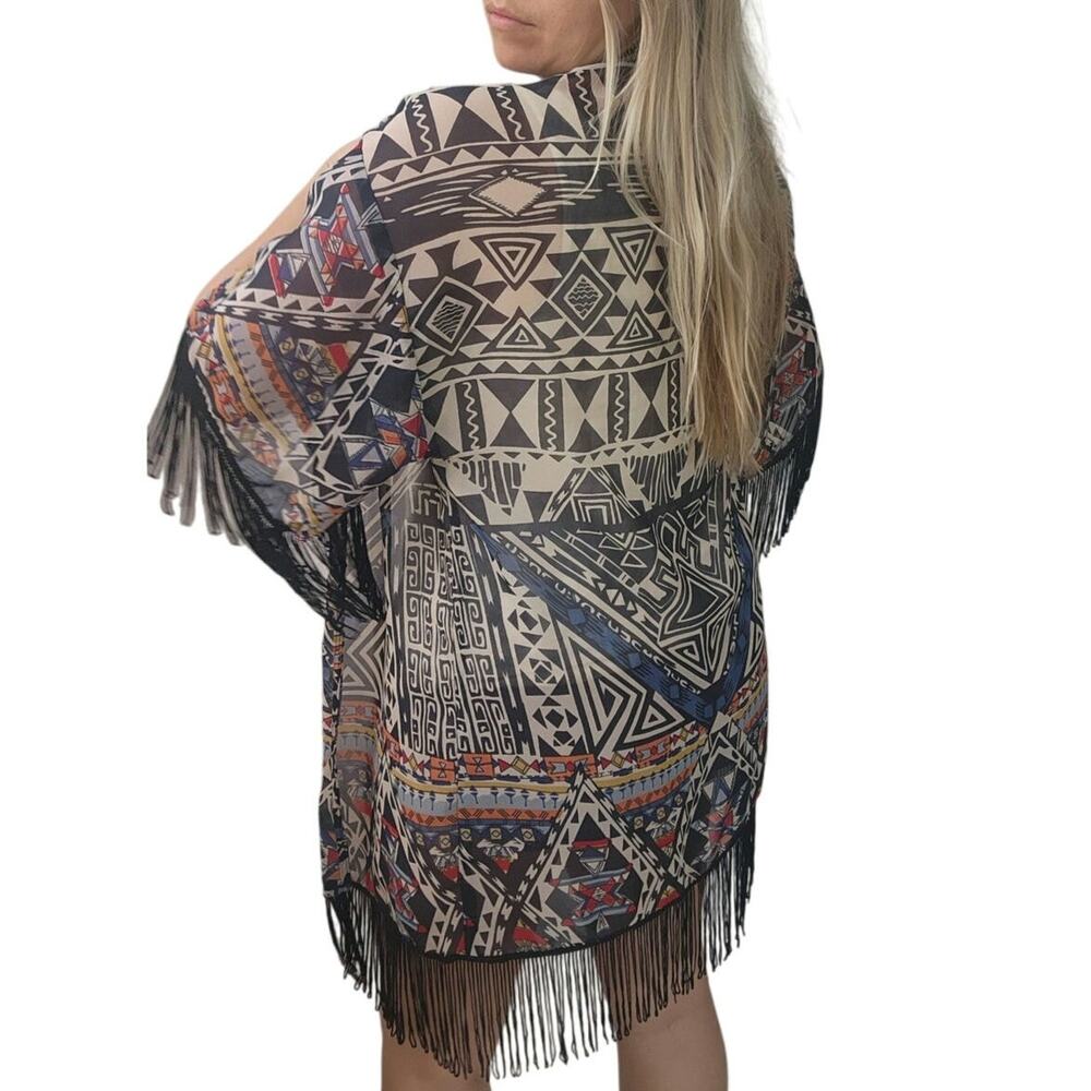 Angie kimono duster aztec western fringe multi S boho beach coverup  festival